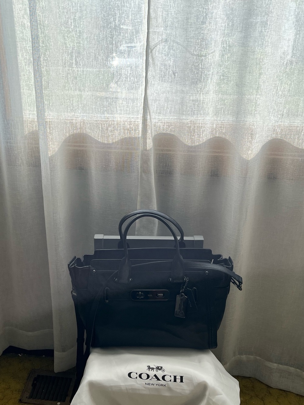Coach Black Leather Satchel with Top Handles and Shoulder Strap